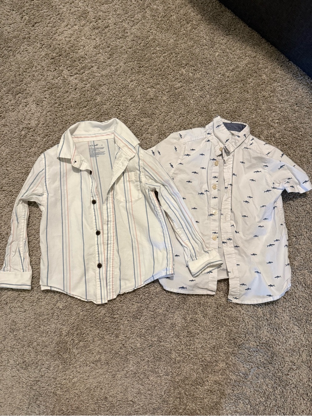 Two White Button-Down Shirt Set with Shark Print & Pastel Stripes